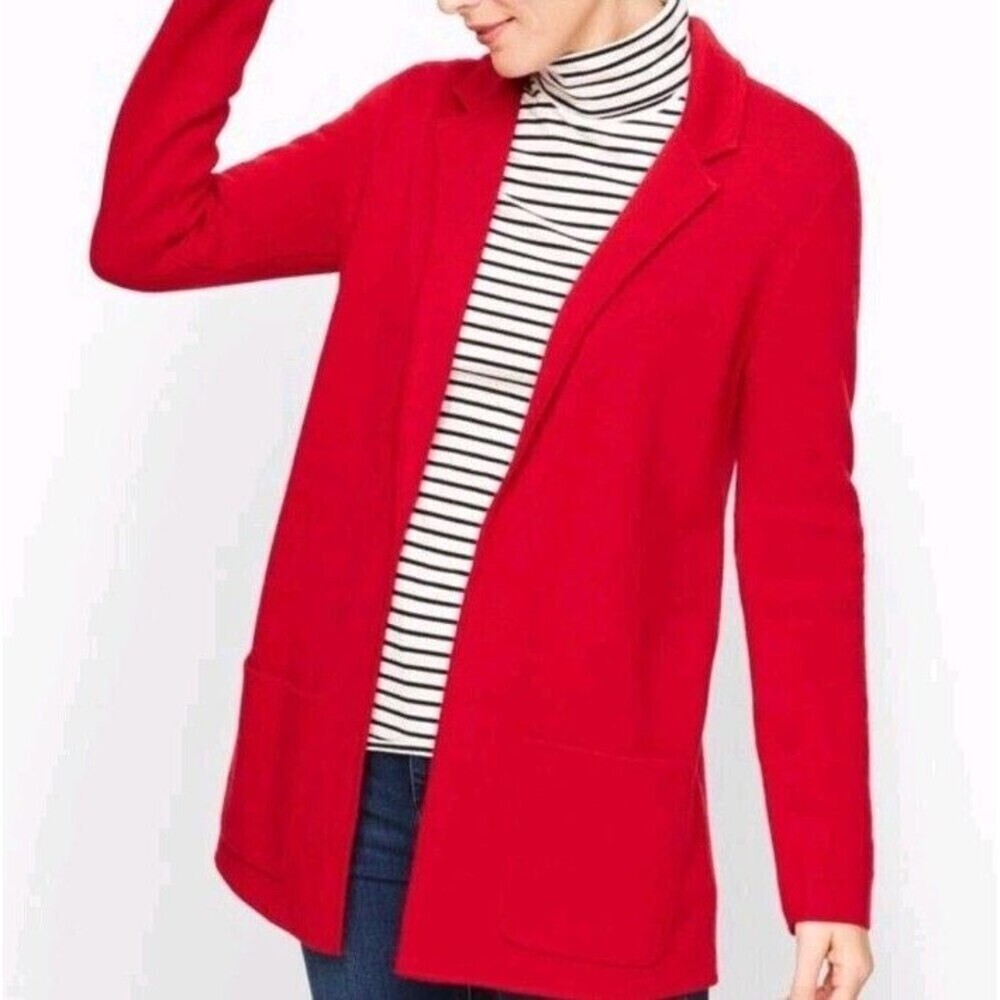 Talbots Red Open Knit Sweater Blazer Size Petite Small Pockets Holidays Career